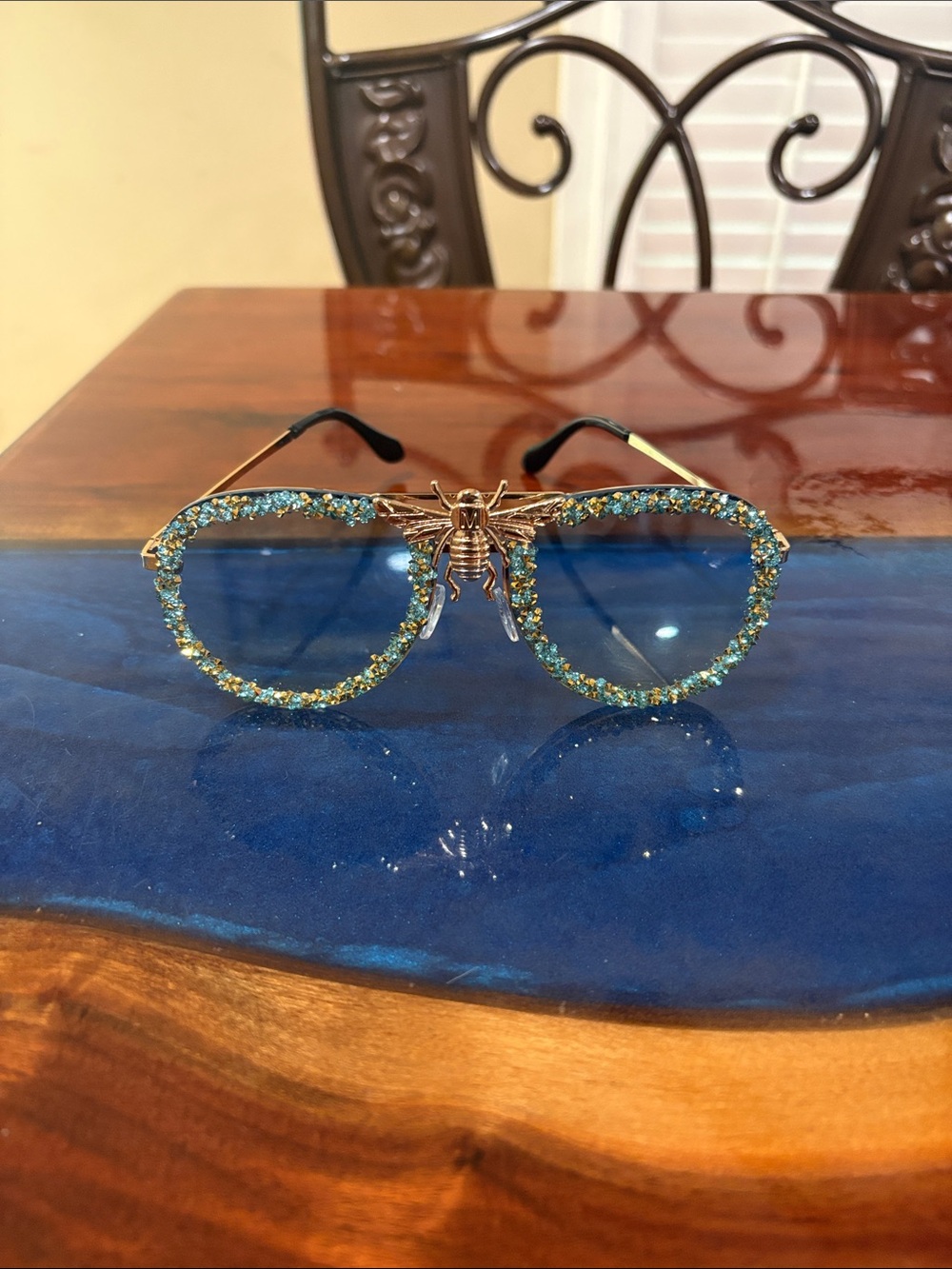 Embellished Blue Crystal Aviator Sunglasses with Bee Accent